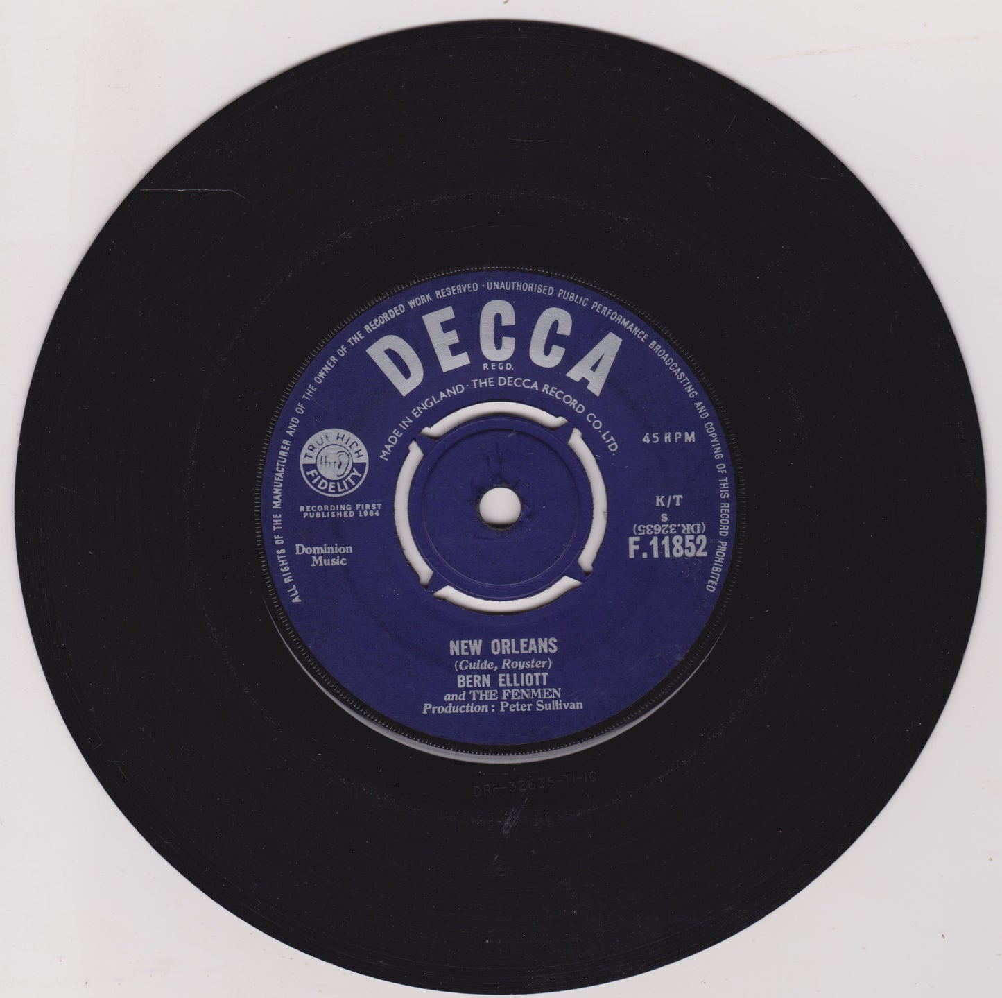 Black vinyl record with a blue label featuring 'Decca' branding on a white background