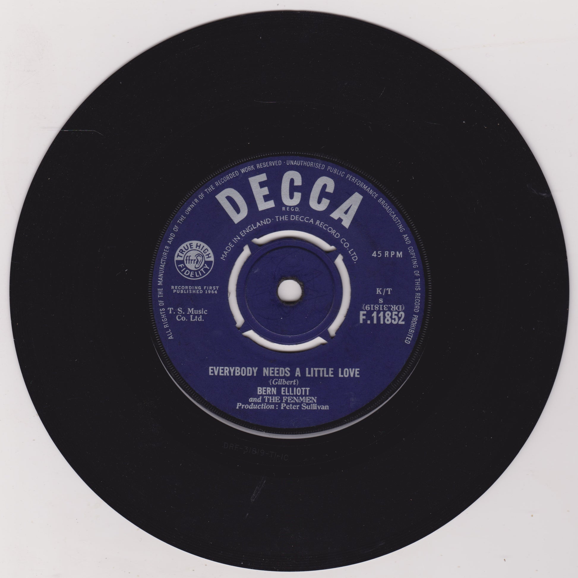 Black vinyl record with a blue label featuring the Decca Records logo on a white background.
