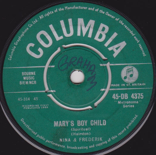 Nina & Frederik ‎– Mary's Boy Child (Columbia 1960) 7" vinyl single VG/-