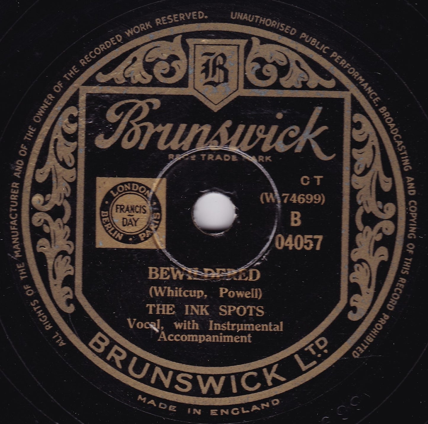 The Ink Spots – No Orchids For My Lady / Bewildered (Brunswick) 10" shellac VG/-