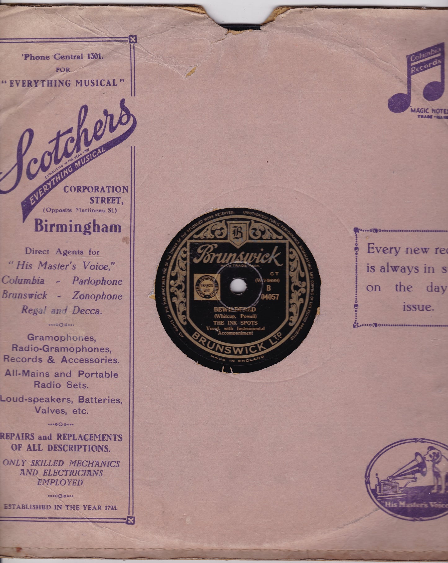 The Ink Spots – No Orchids For My Lady / Bewildered (Brunswick) 10" shellac VG/-