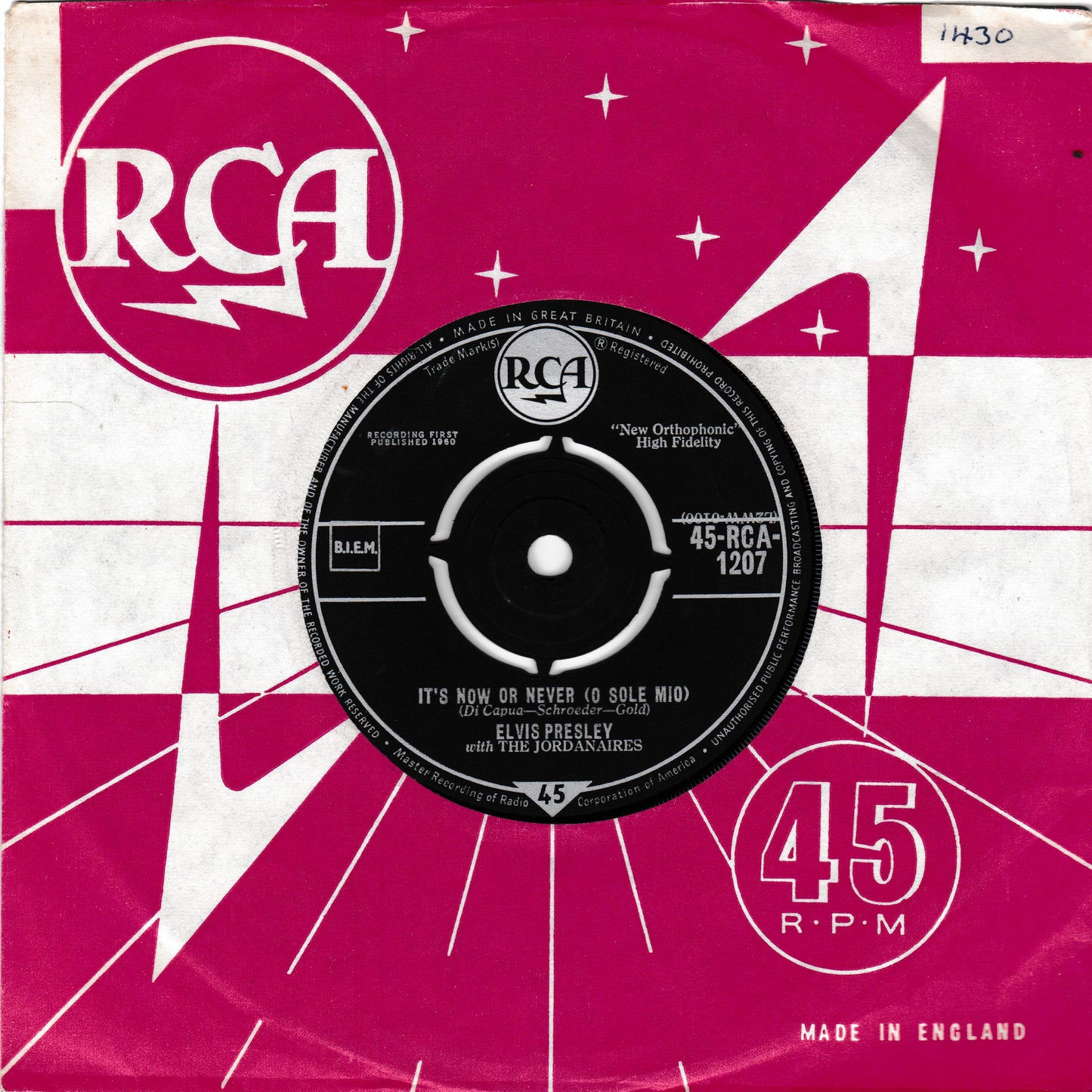 Elvis Presley With The Jordanaires ‎– It's Now Or Never (O Sole Mio) (RCA 1960) 7" vinyl single VG/VG