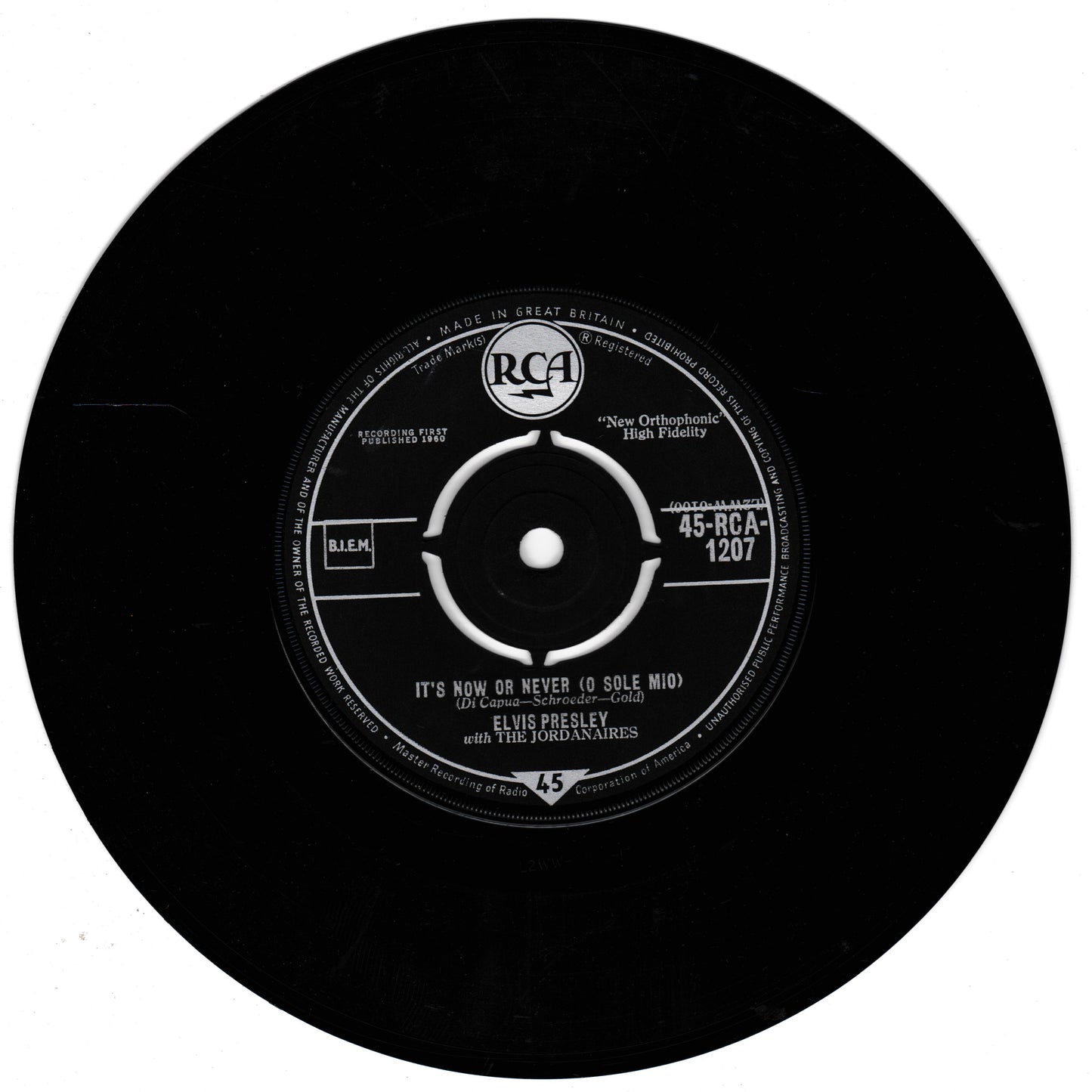 Elvis Presley With The Jordanaires ‎– It's Now Or Never (O Sole Mio) (RCA 1960) 7" vinyl single VG/VG