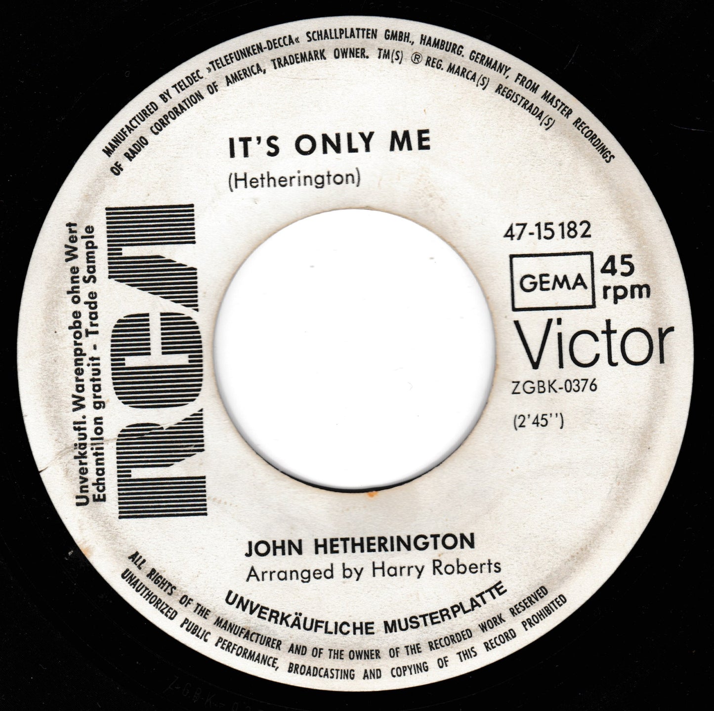 Record label for 'It's Only Me' by John Hetherington on Victor Records.