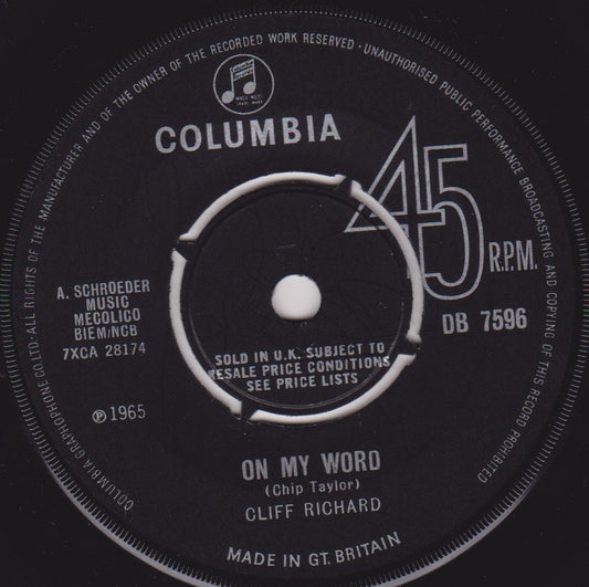 Cliff Richard & The Shadows ‎– On My Word (Columbia 1965) 7" vinyl single VG/-