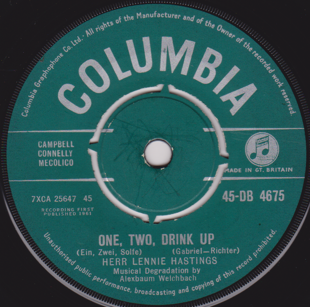 Herr Lennie Hastings – One, Two, Drink Up (Columbia) 7" vinyl single VG/-