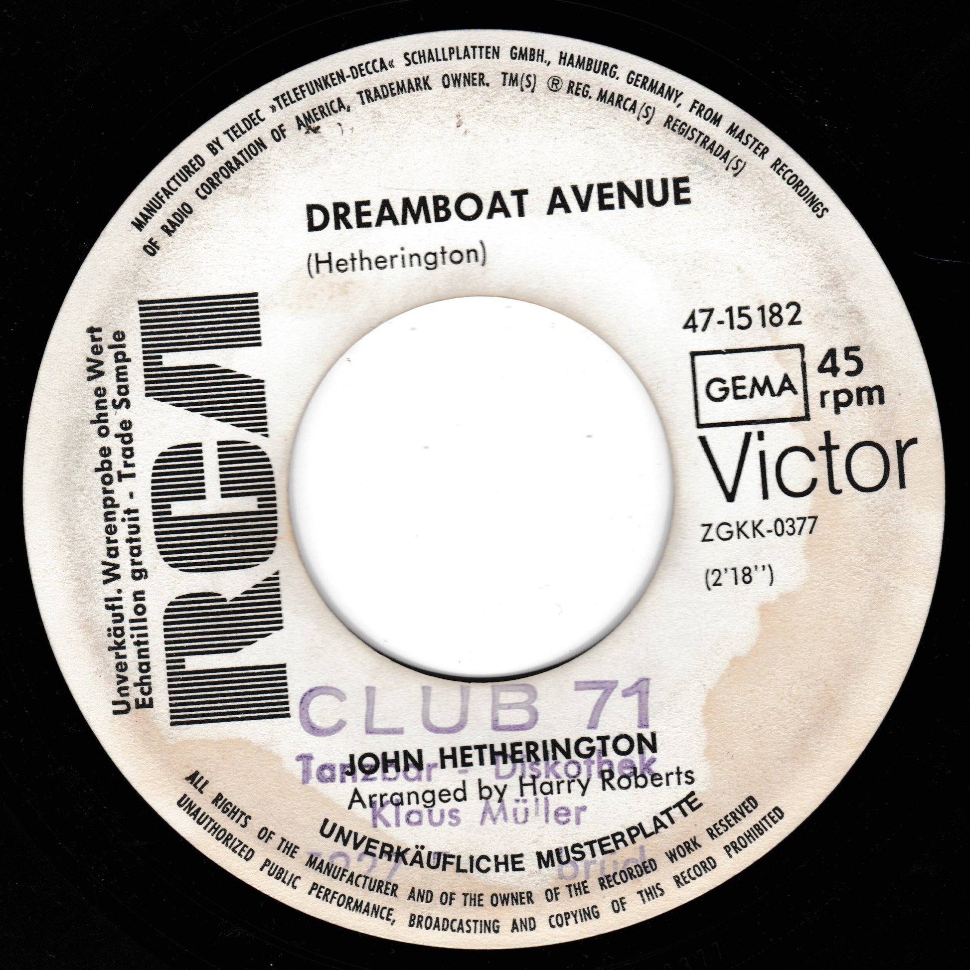 Record label for 'Dreamboat Avenue' by Hetherington on a black background