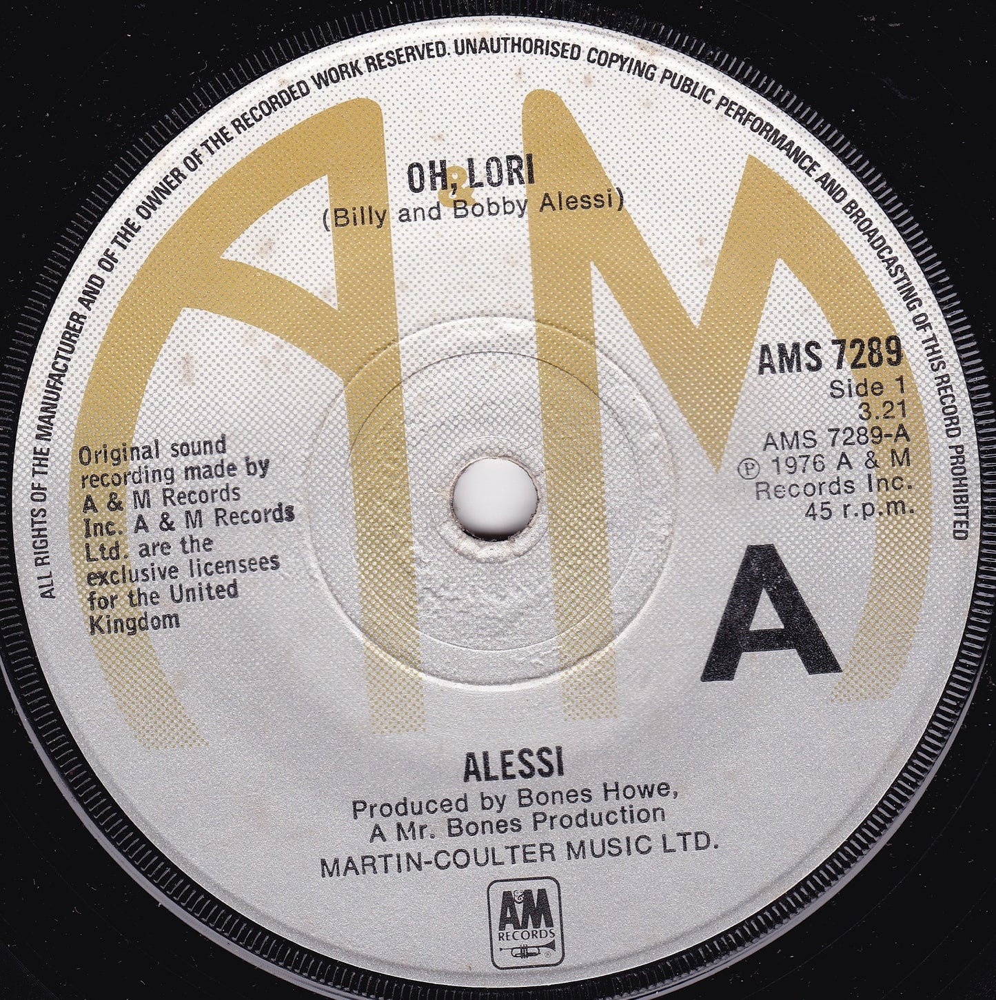 Alessi - Oh, Lori (A&M 1977) 7" vinyl single G+/-