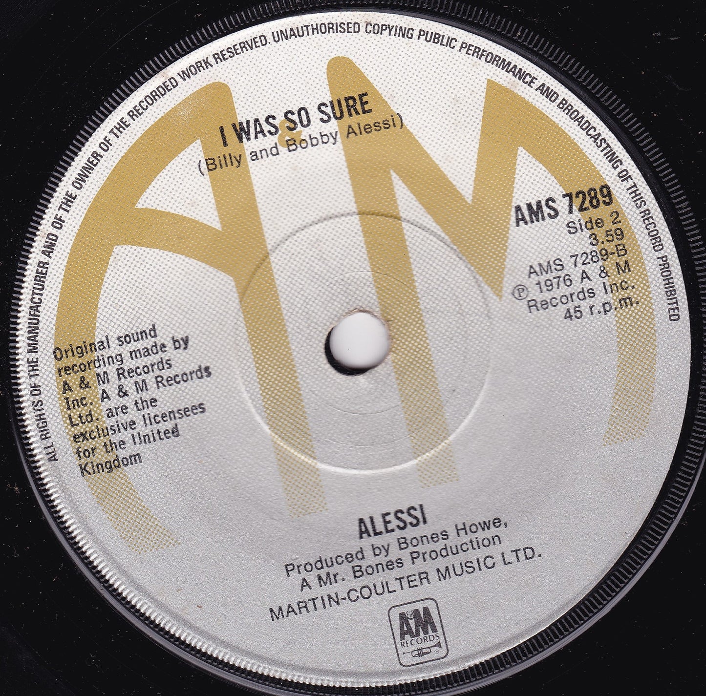 Alessi - Oh, Lori (A&M 1977) 7" vinyl single G+/-