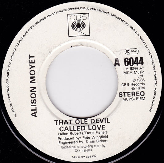 Alison Moyet - That Ole Devil Called Love (CBS 1985) 7" vinyl single VG/- jukebox