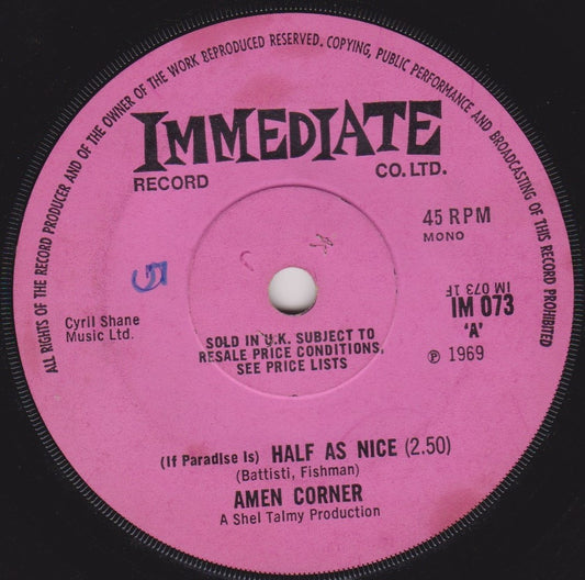 The Amen Corner ‎– (If Paradise Is) Half As Nice (Immediate 1969) 7" vinyl single G+/-