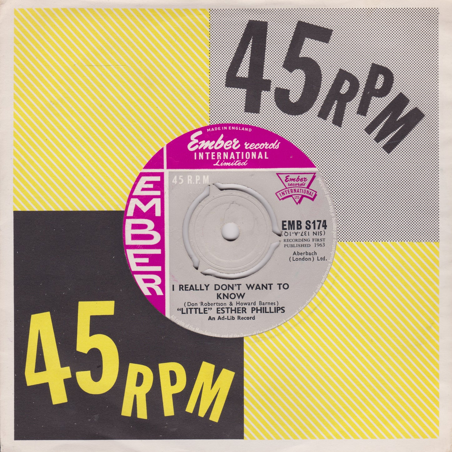 "Little" Esther Phillips ‎– I Really Don't Want To Know (Ember 1963) 7" vinyl single VG/-