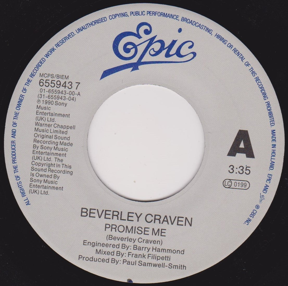 Beverley Craven - Promise Me (Epic 1990) 7” vinyl single VG-/- jukebox centre