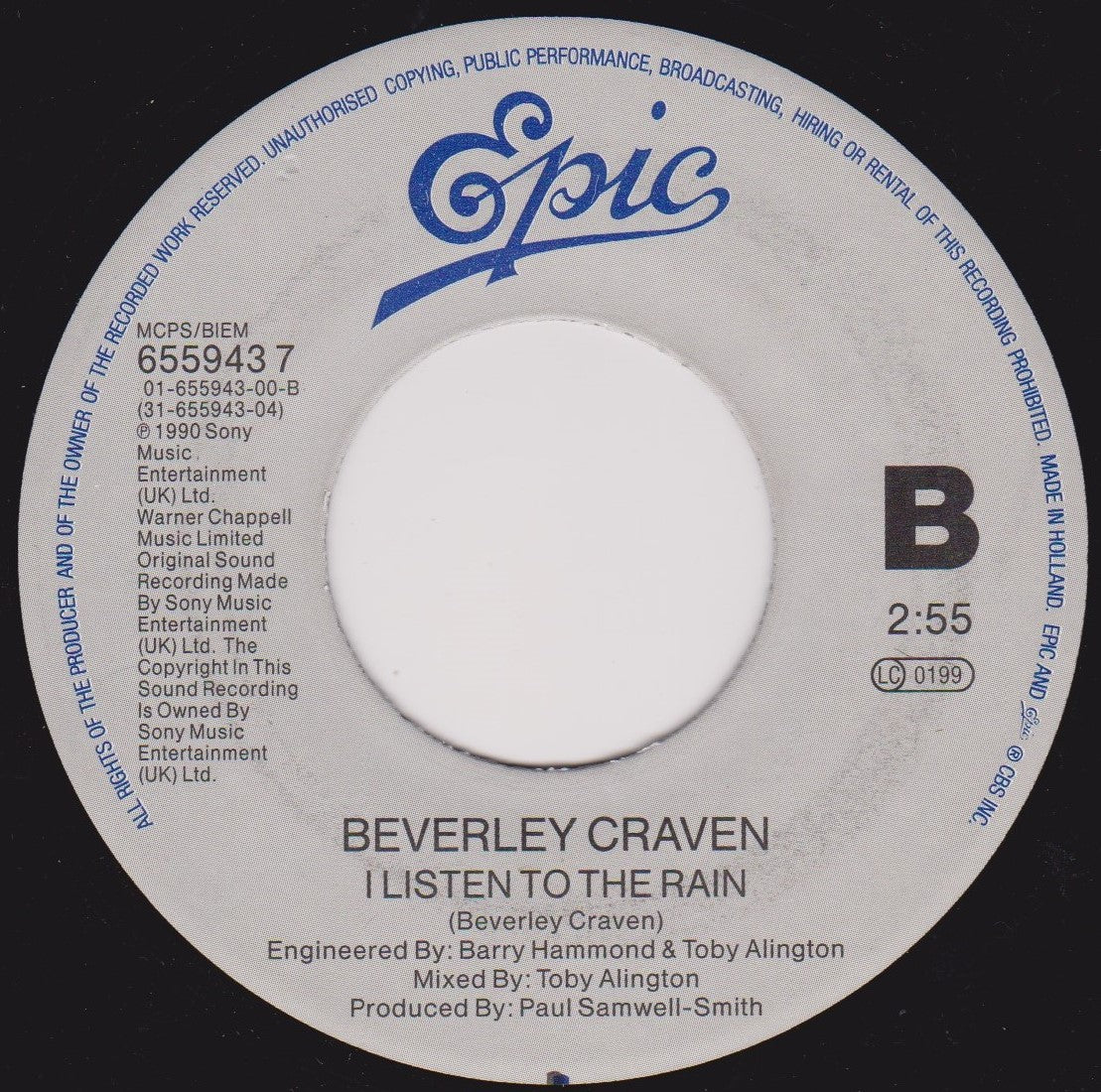 Beverley Craven - Promise Me (Epic 1990) 7” vinyl single VG-/- jukebox centre