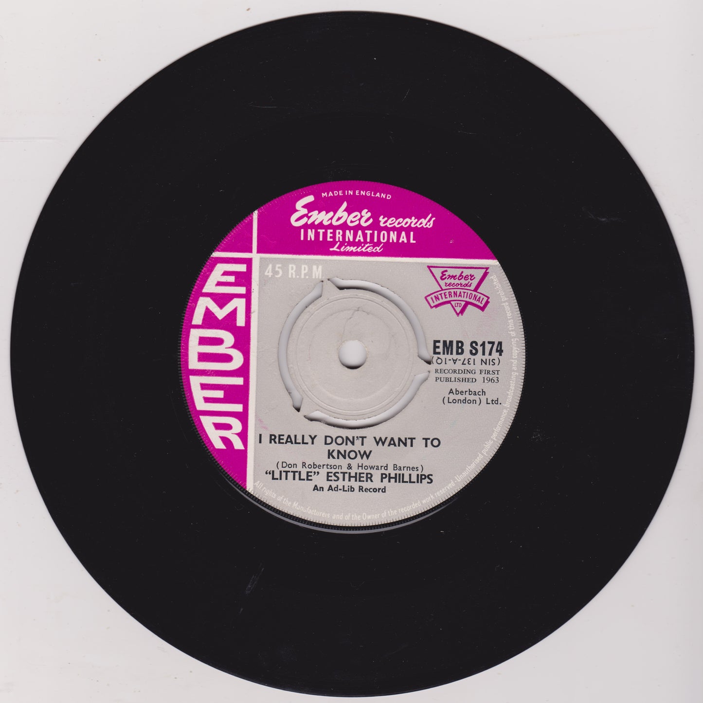 "Little" Esther Phillips ‎– I Really Don't Want To Know (Ember 1963) 7" vinyl single VG/-