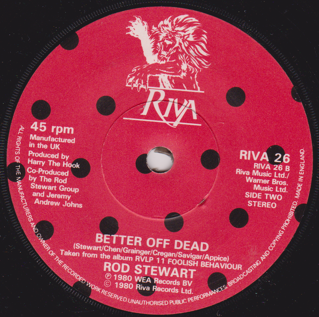 Red vinyl record label with Riva logo and Rod Stewart information