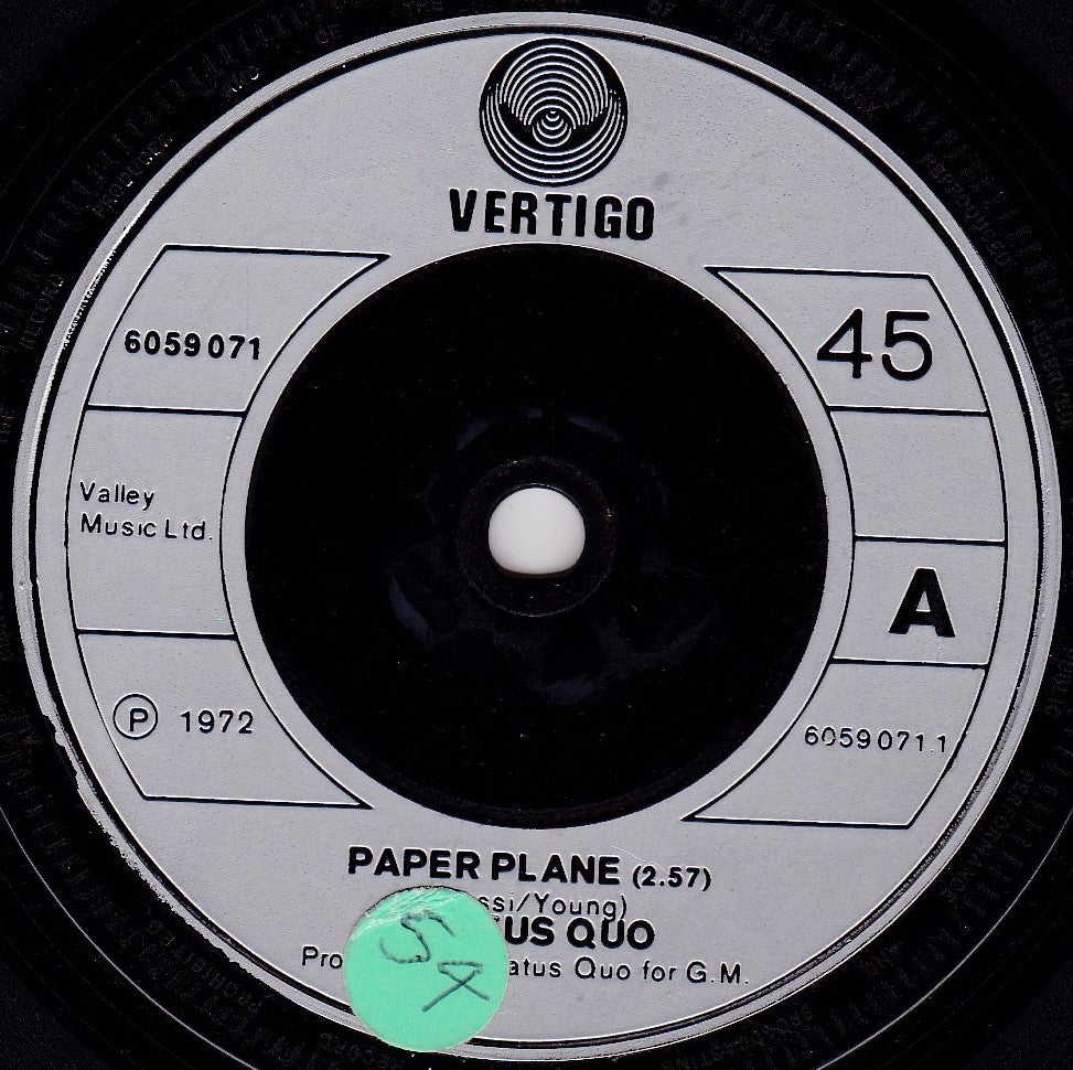 Status Quo ‎– Paper Plane (Vertigo 1972) 7" vinyl single G+/-