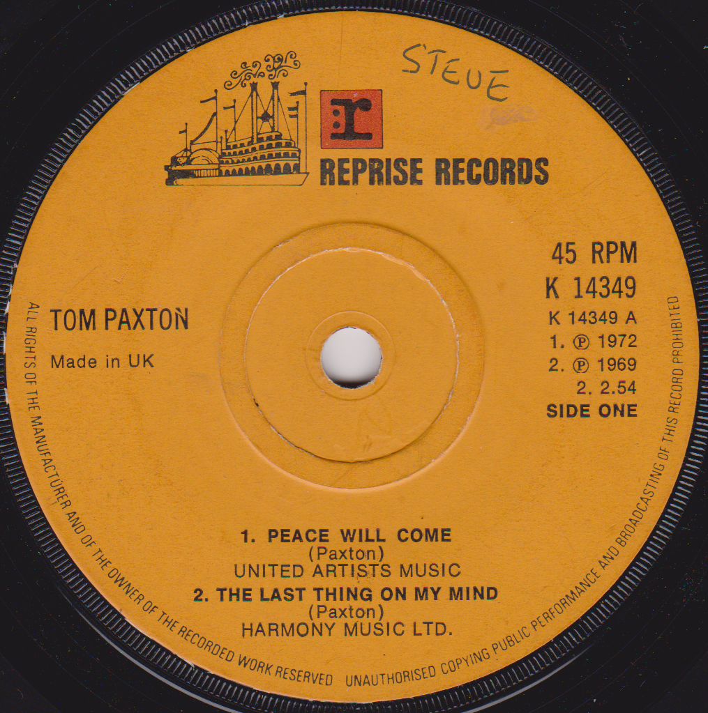 Record label with 'Reprise Records' branding and song details for Tom Paxton's music.