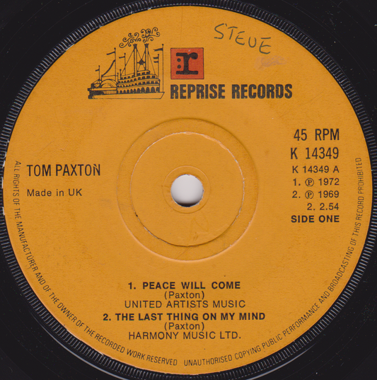 Record label with 'Reprise Records' branding and song details for Tom Paxton's music.