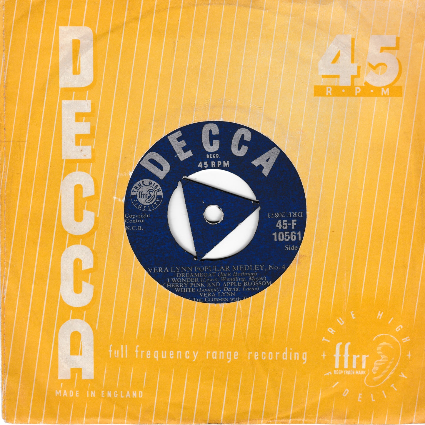 Vera Lynn And The Clubmen – Vera Lynn Popular Medley, No.4 (Decca 1955) 7" vinyl single VG/VG