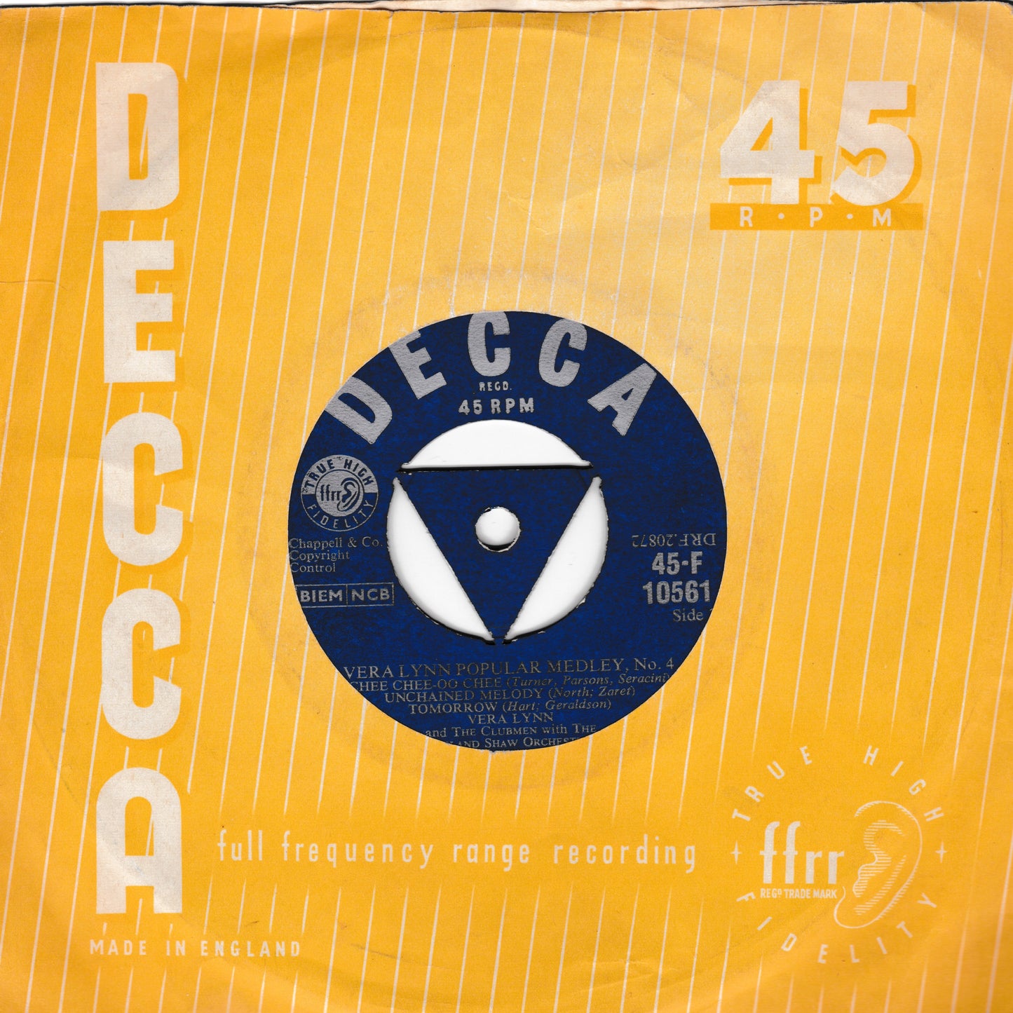 Vera Lynn And The Clubmen – Vera Lynn Popular Medley, No.4 (Decca 1955) 7" vinyl single VG/VG