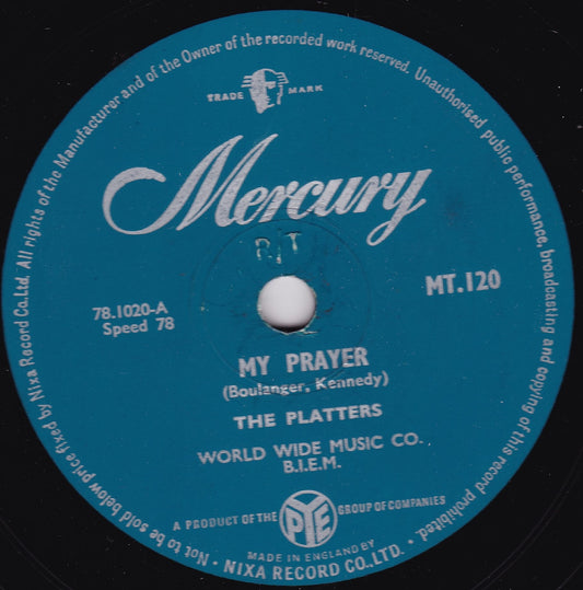 The Platters ‎– My Prayer / Heaven On Earth (Mercury 1956) 10" shellac VG/-