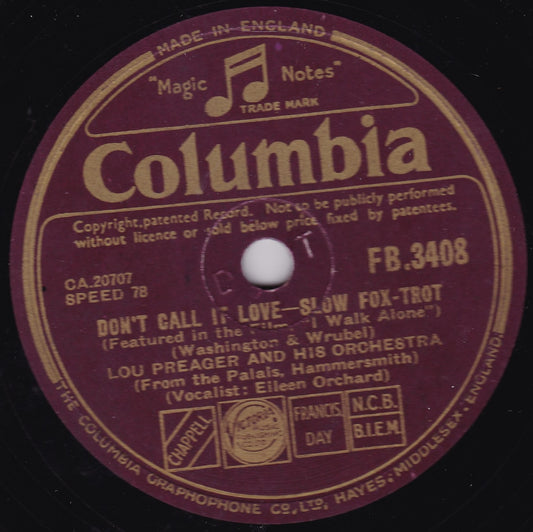 Lou Preager & His Orchestra - Don't Call It Love (Columbia) 10" shellac VG/-