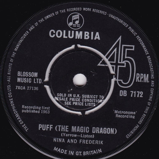 Nina & Frederik – Puff The Magic Dragon (Columbia, 1963) 7" vinyl single G+/-