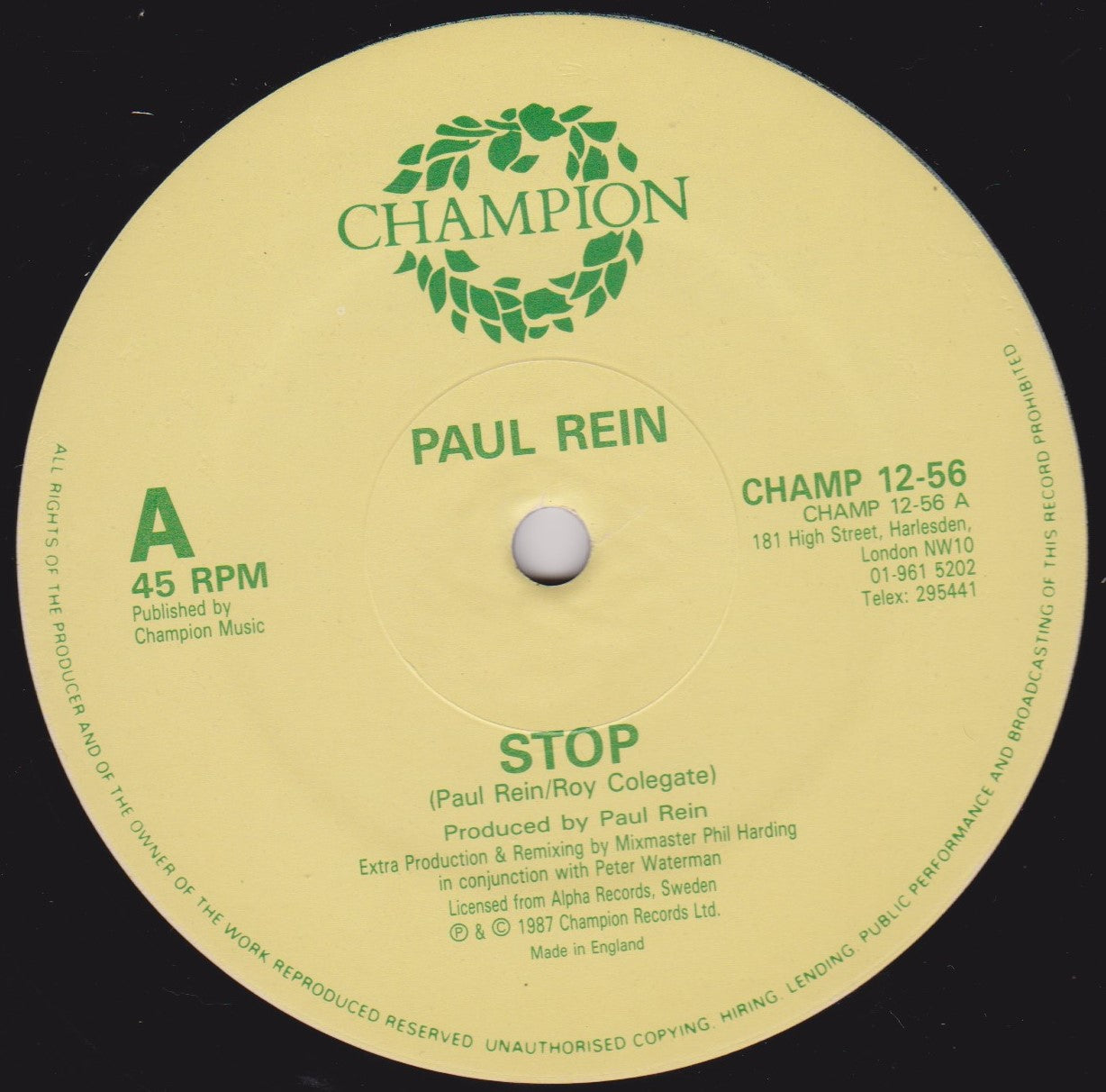 Paul Rein ‎– Stop (Champion 1988) 12" vinyl P/S single VG/VG