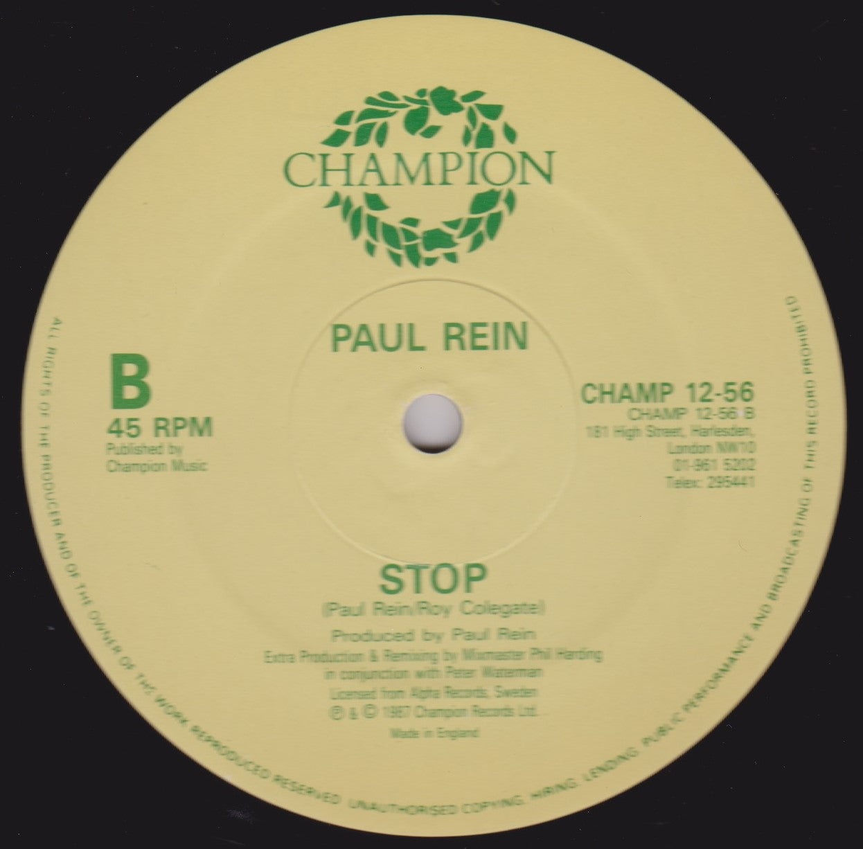 Paul Rein ‎– Stop (Champion 1988) 12" vinyl P/S single VG/VG