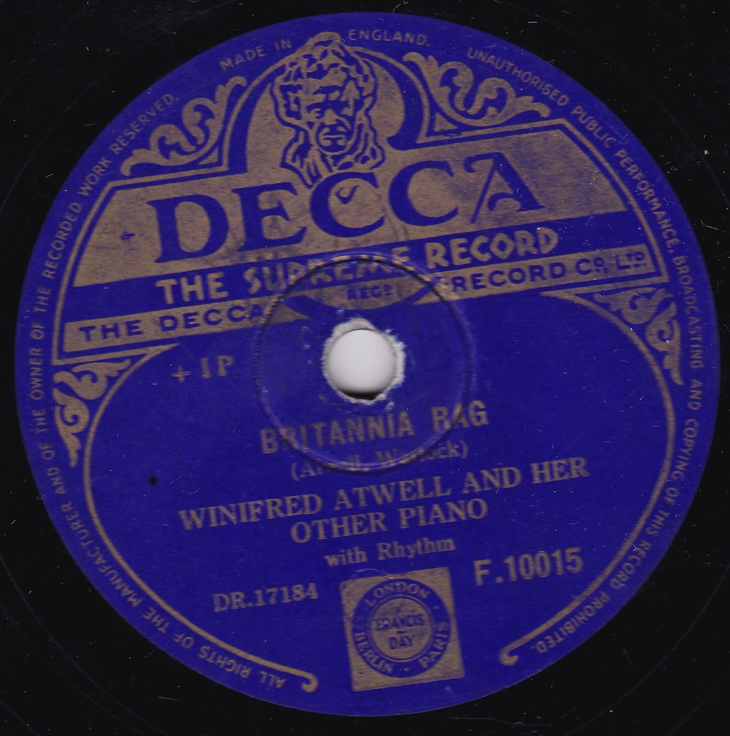 Winifred Atwell - Britannia Rag / Dixie Boogie (1952) 10" shellac VG/-