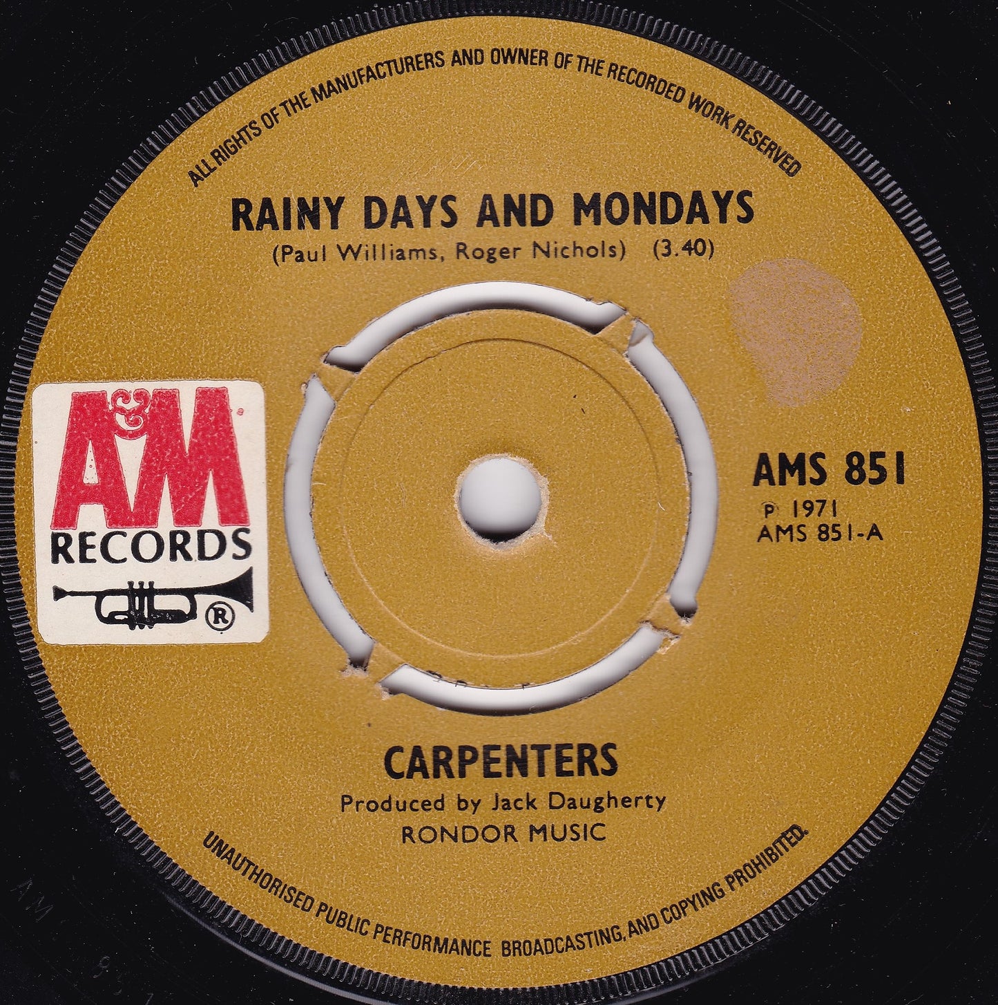 Carpenters – Rainy Days And Mondays (A&M 1971) 7" vinyl single G+/-