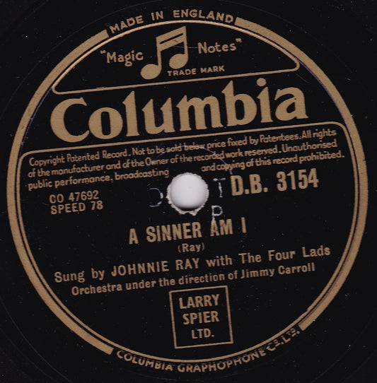 Johnnie Ray - A Sinner Am I (Columbia 1952) 10" shellac VG/-