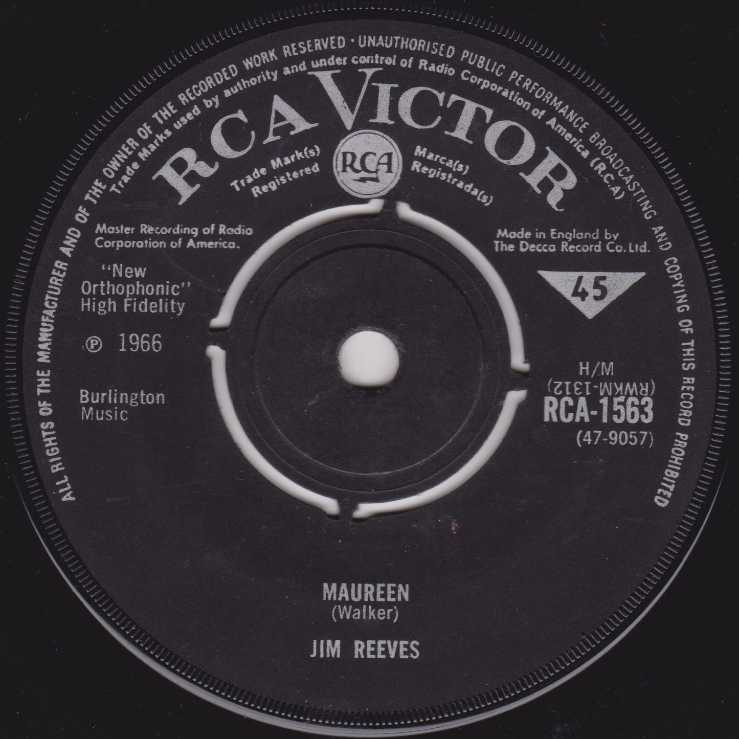 Jim Reeves – I Won't Come In While He's There (RCA 1966) 7" vinyl single VG/-