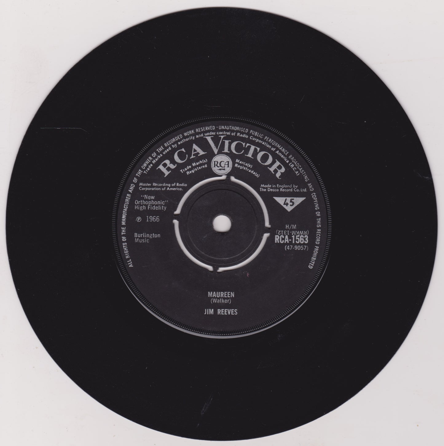 Jim Reeves – I Won't Come In While He's There (RCA 1966) 7" vinyl single VG/-