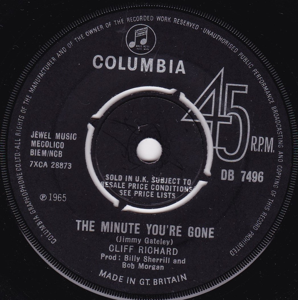 Cliff Richard - The Minute You're Gone (Columbia, 1965) 7" vinyl single VG/-