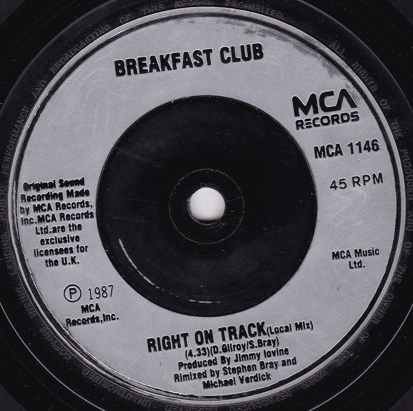 Breakfast Club - Right On Track (MCA 1987) 7" vinyl single G+/-