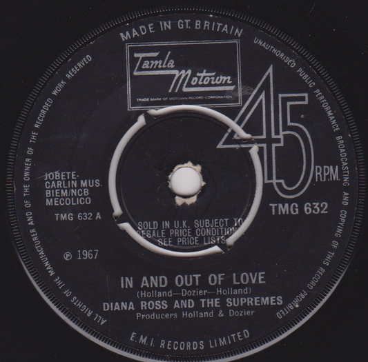 Record label for a Diana Ross and The Supremes record titled 'In and Out of Love'.
