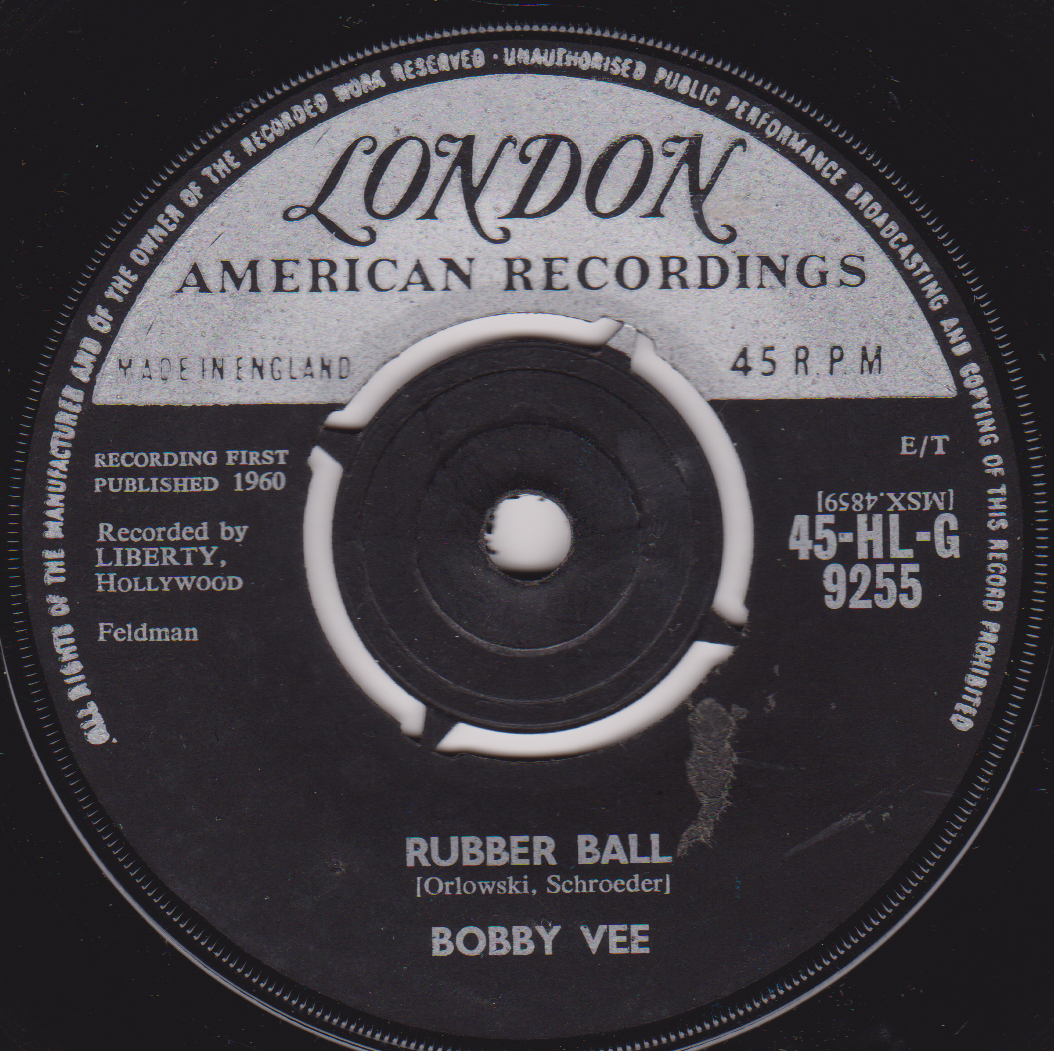 Record label for Bobby Vee's 'Rubber Ball' from London American Recordings