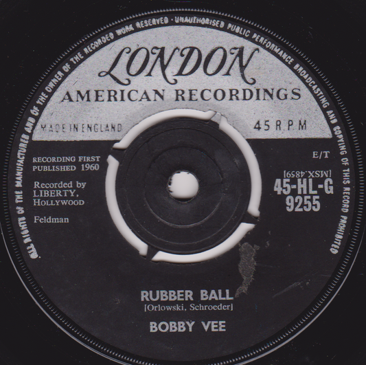 Record label for Bobby Vee's 'Rubber Ball' from London American Recordings
