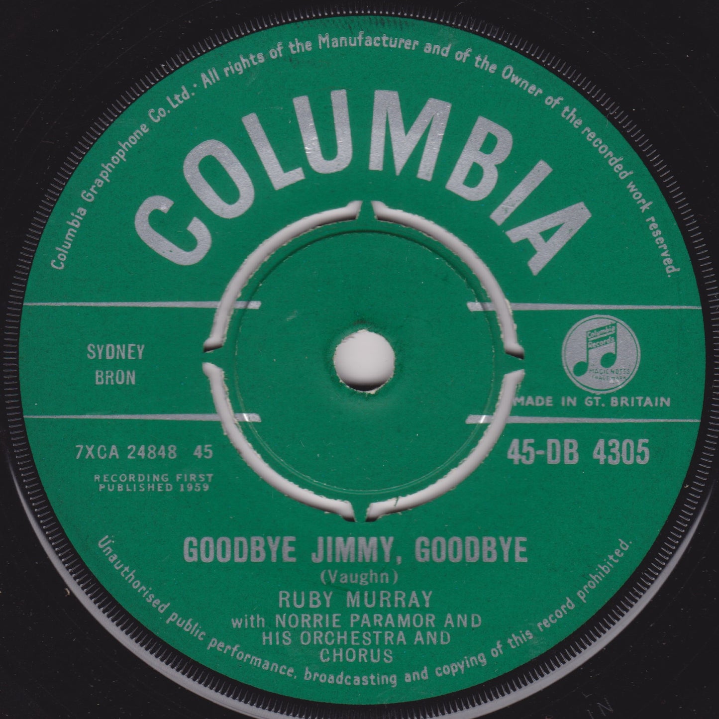 Ruby Murray – Goodbye Jimmy, Goodbye (Columbia 1959) 7" vinyl single VG/-