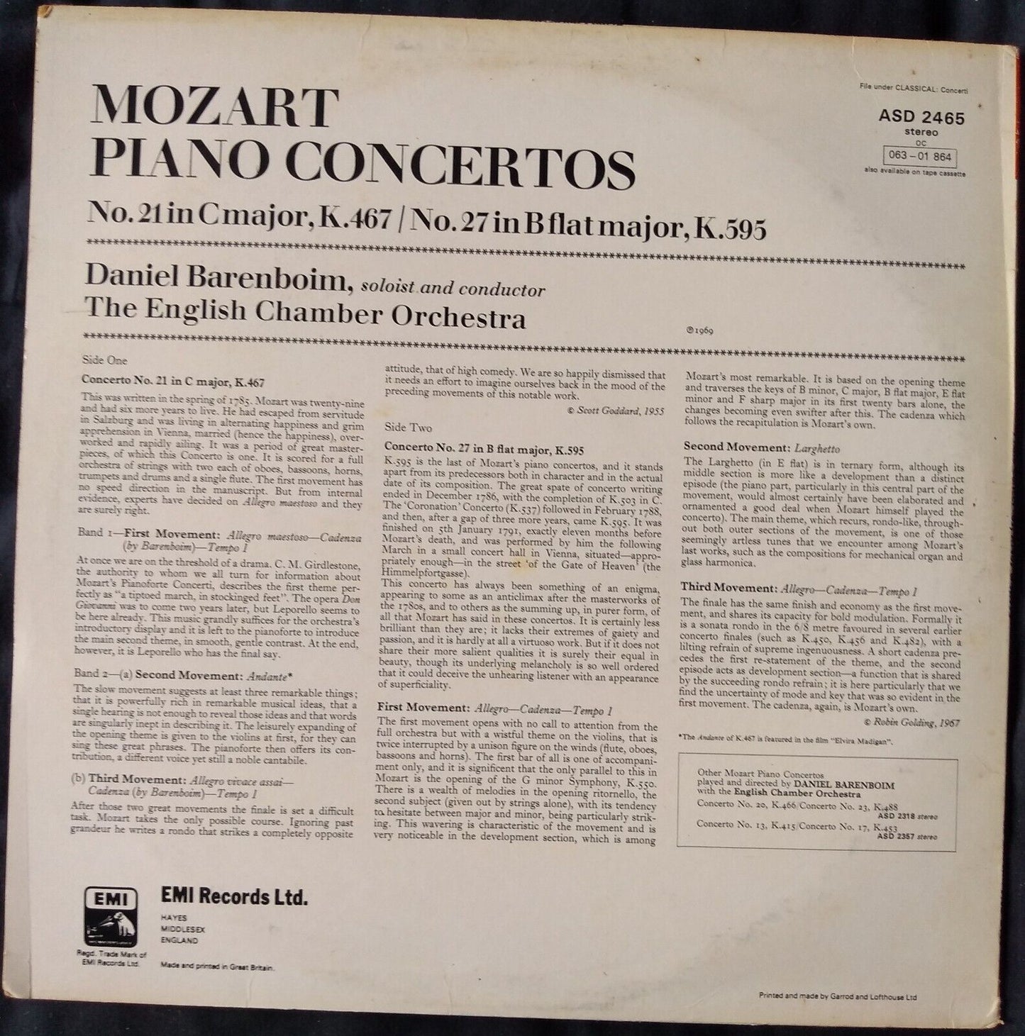 Mozart - Piano Concertos: No. 21 In C Major K.467 (EMI 1969) 12" vinyl LP VG/VG