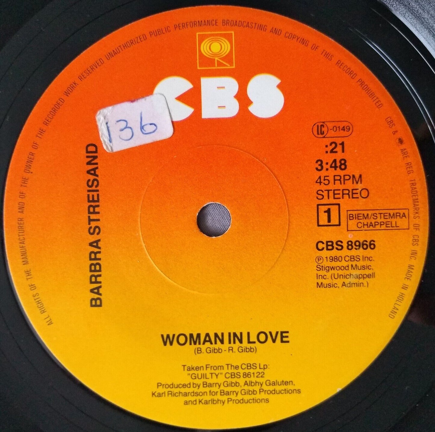 Barbra Streisand - Woman In Love (CBS 1980) 7" vinyl single VG/-