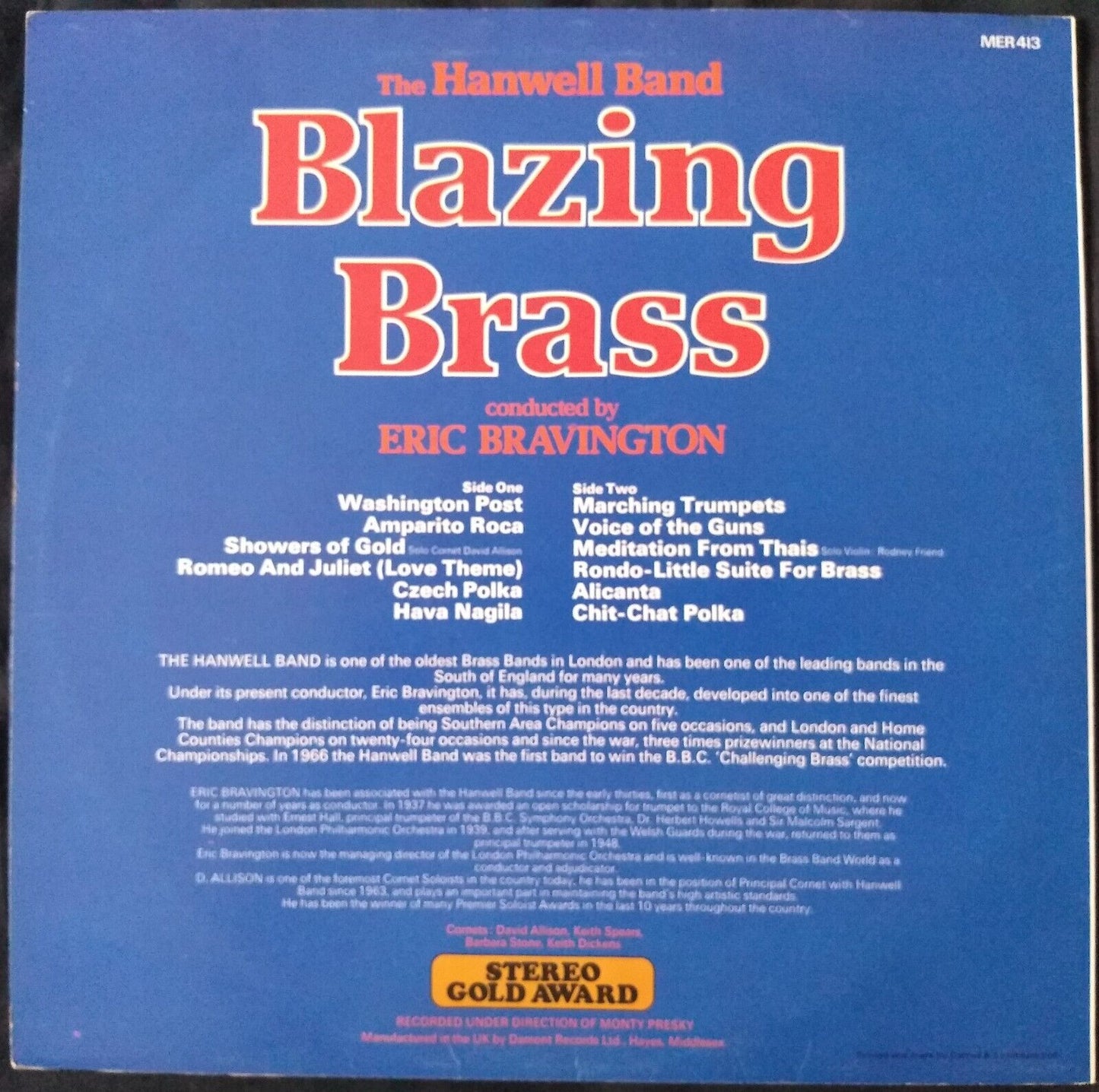 The Hanwell Band - Blazing Brass (Stereo Gold Award 1976) 12" vinyl LP VG/VG