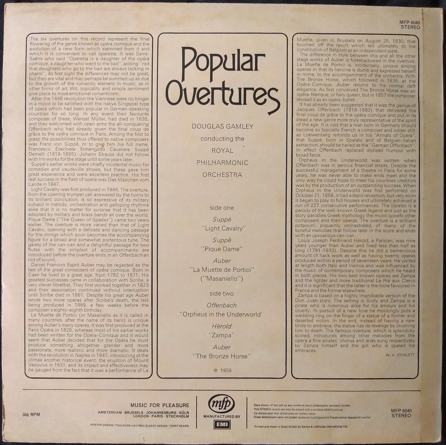 Various – Popular Overtures (EMI 1959) 12" vinyl LP VG/VG reissue