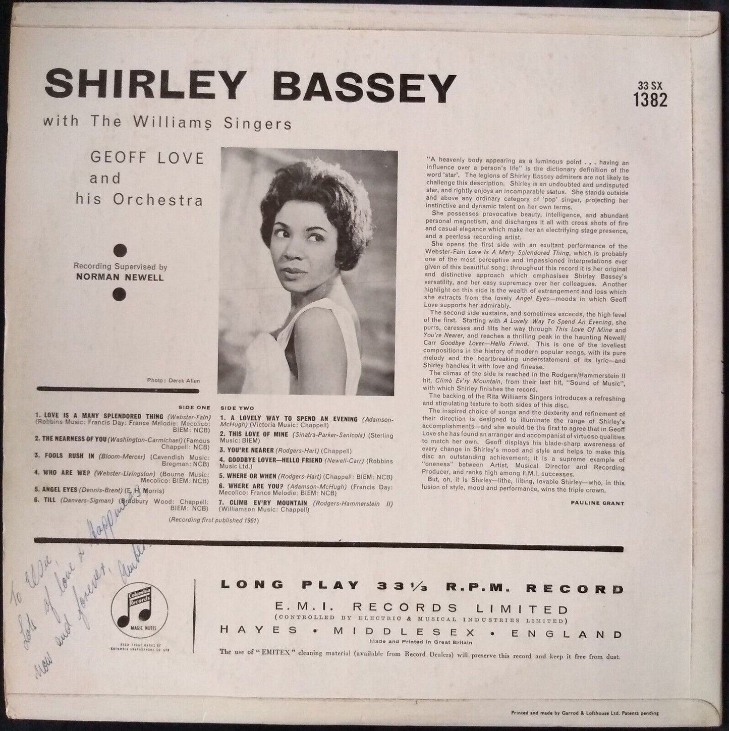 Shirley Bassey - Shirley Bassey (Columbia 1961) 12" vinyl LP VG/VG mono