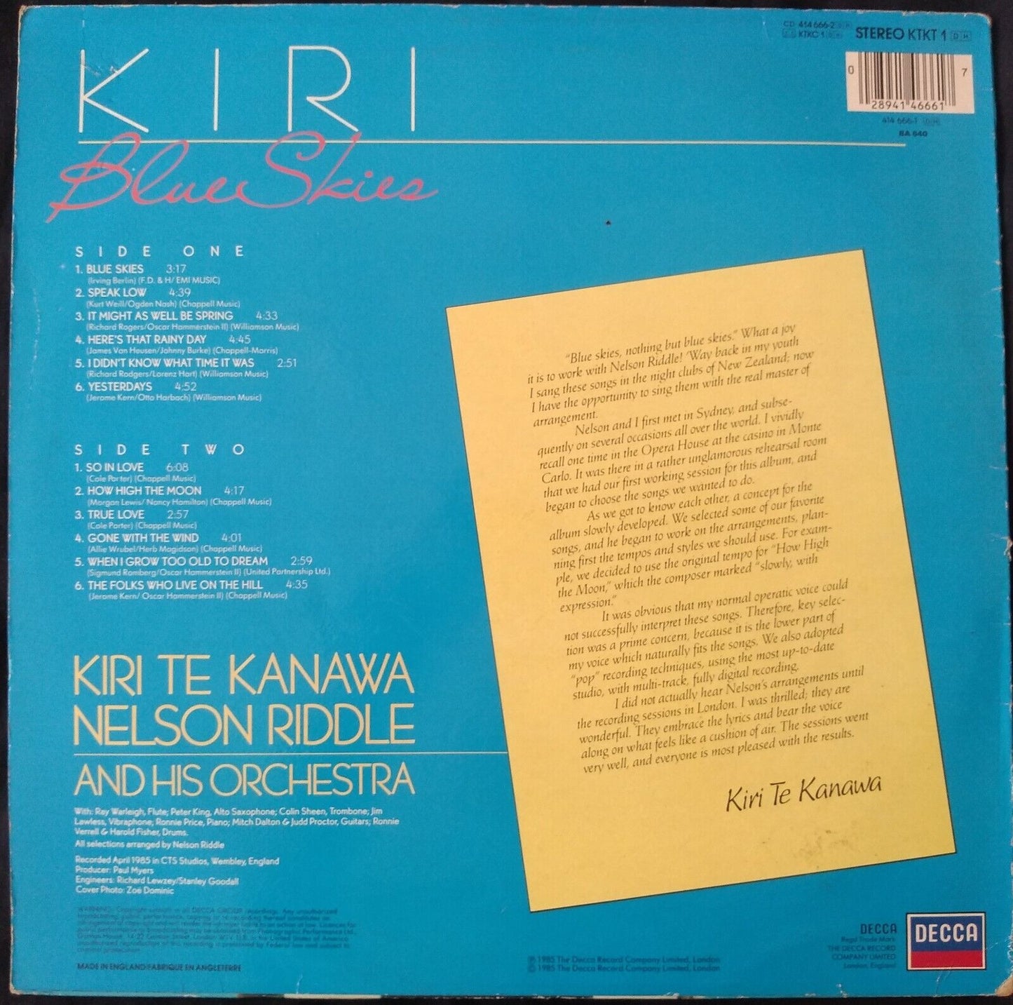 Kiri - Nelson Riddle And His Orchestra – Blue Skies (1985) 12" vinyl LP VG/VG