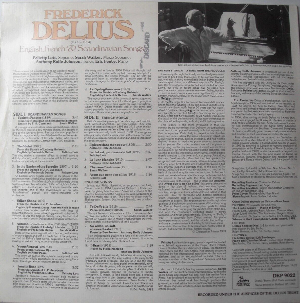 Delius - English, French & Scandinavian Songs (Unicorn-Kanchana) 12" vinyl VG/G+