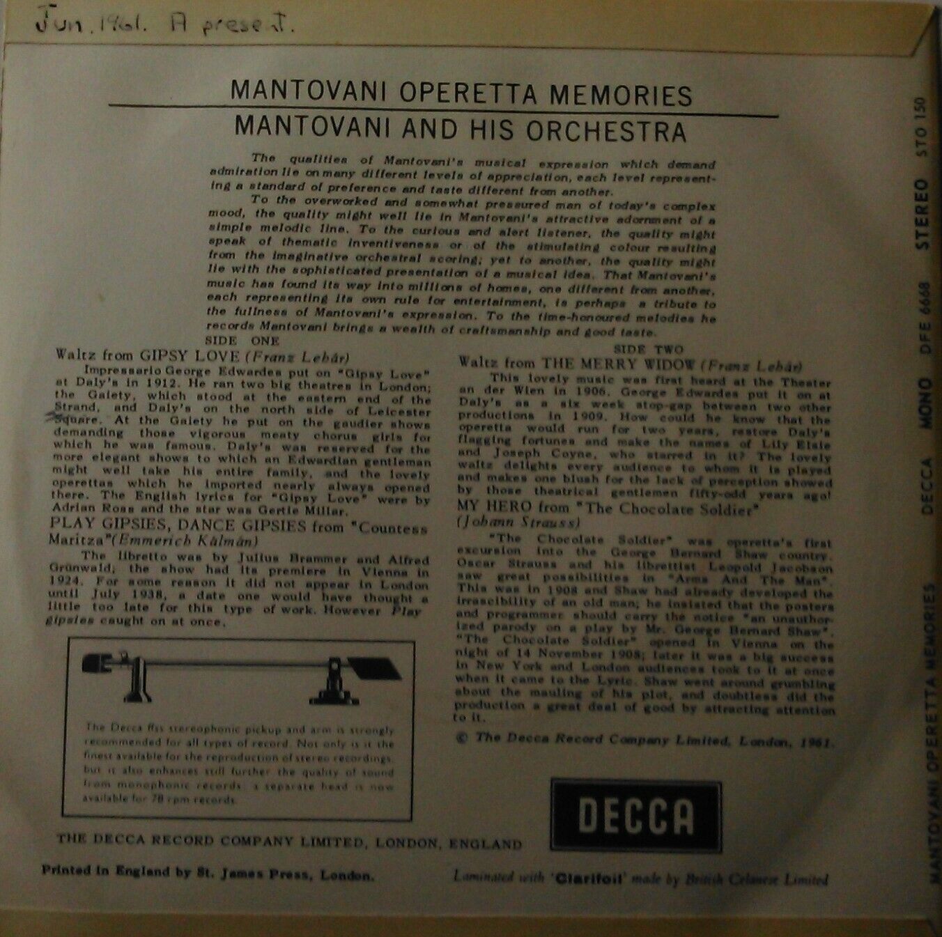 Mantovani - Operetta Memories (Decca, 1961) 7" vinyl single VG/VG