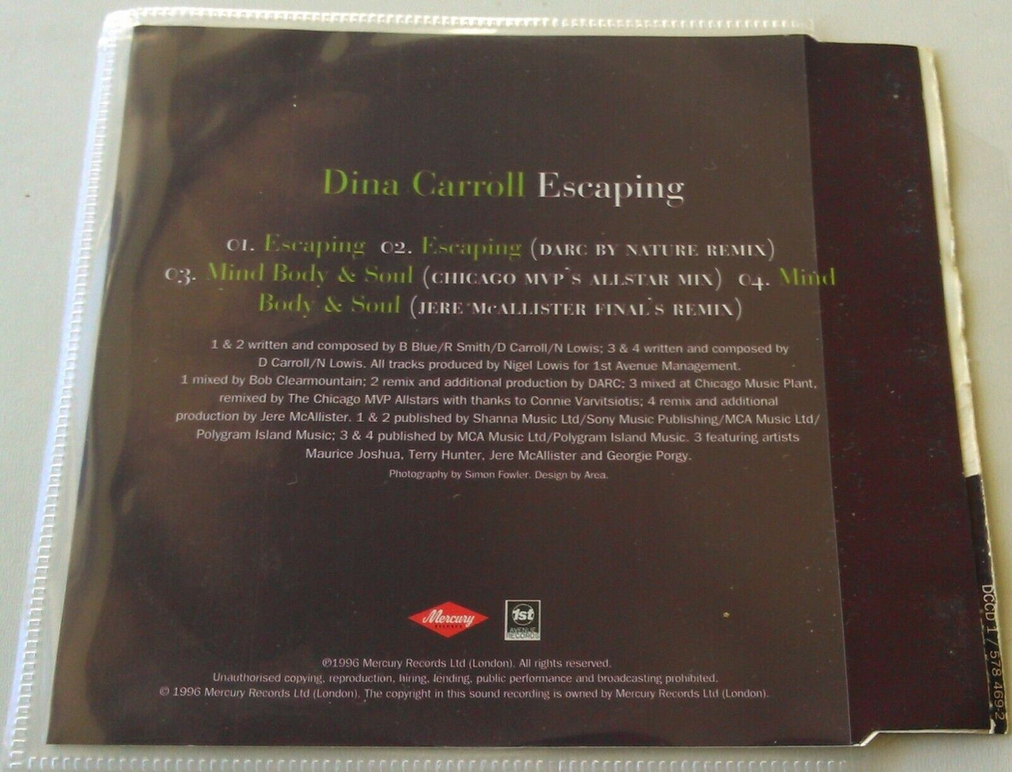 Dina Carroll ‎– Escaping (1996) CD single *no case - plastic wallet*